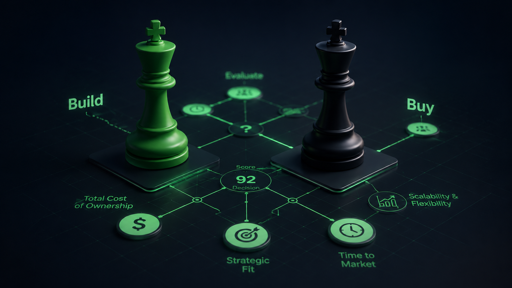 Chess pieces representing build versus buy strategy with cost, time-to-market and scalability levers