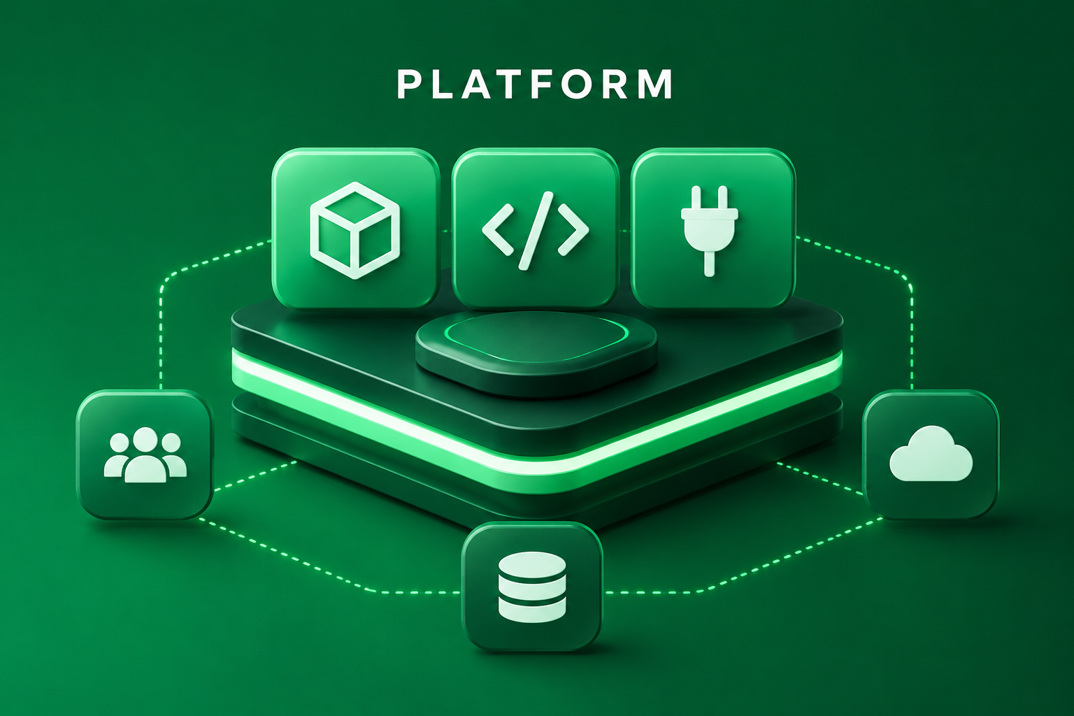 Internal developer platform podium with build, code and plug icons connected to user, database and cloud nodes