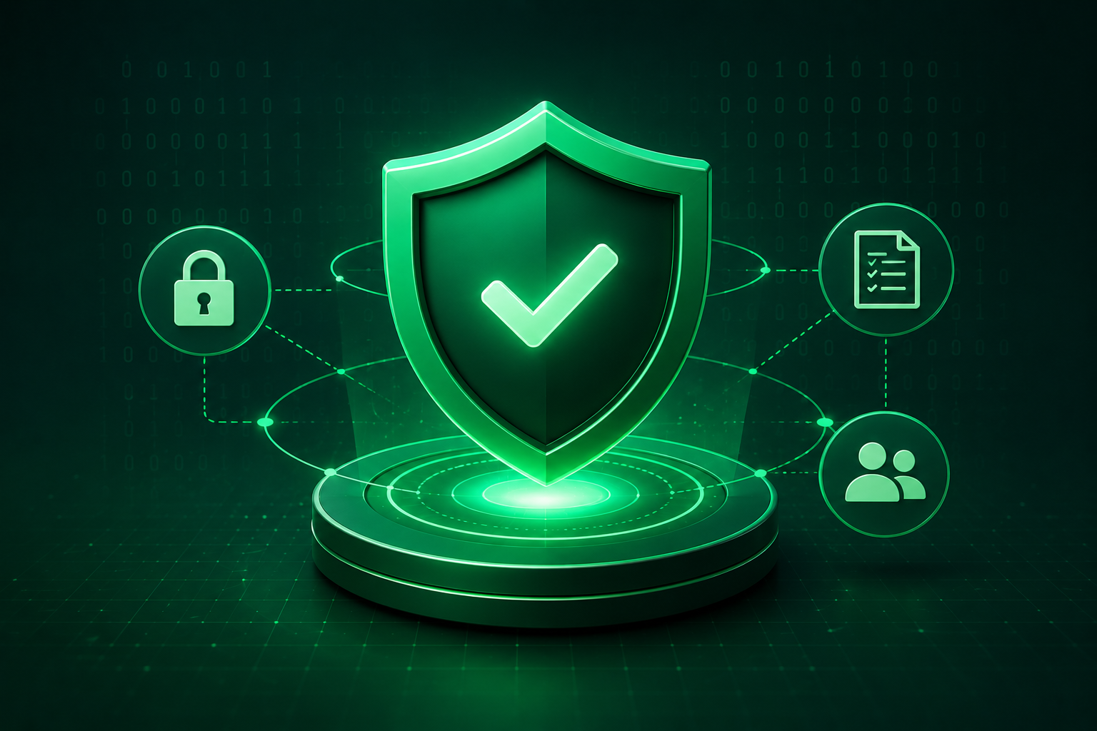 Security shield with checkmark connected to access controls, policy documents and user permissions